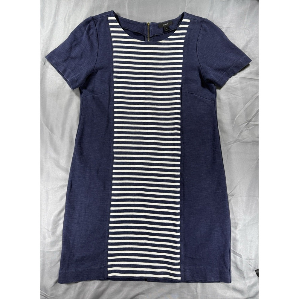 J. Crew Women's Size 8 Navy Blue Stripe Shift Dress Short Sleeve‎ Cotton Blend